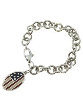 Tiffany & Co Oval Tag Stars and Stripes Motif Chain Bracelet Silver